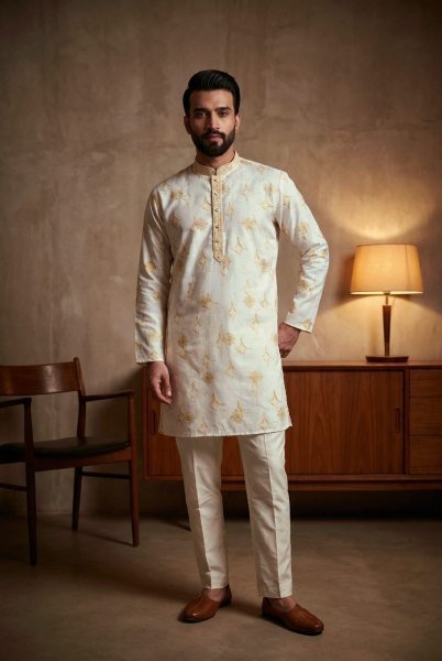 Exceptional Cotton Kurta Pyjama Set with Embroidery Sequence Work For Festive Wear Boys Wear