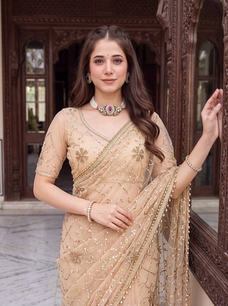 Exceptional Cream Designer Net Saree with Rich Pearl  Beads Work and Matching Net Blouse Fabric Embroidery Sarees Wholesale
