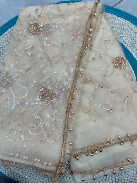 Exceptional Cream Designer Net Saree with Rich Pearl  Beads Work and Matching Net Blouse Fabric Embroidery Sarees Wholesale