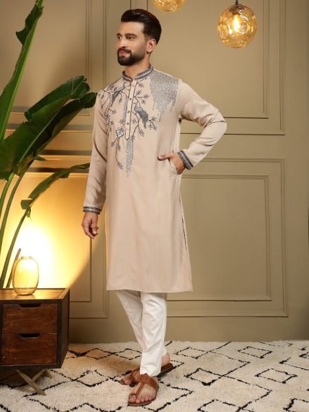 Exceptional Cream Men's Viscose Silk Kurta with Semi Cotton Chudidar Set 
