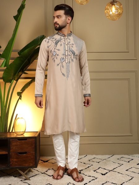 Exceptional Cream Men's Viscose Silk Kurta with Semi Cotton Chudidar Set Kurta Pajama Wholesale