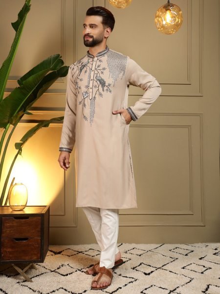 Exceptional Cream Men's Viscose Silk Kurta with Semi Cotton Chudidar Set Kurta Pajama Wholesale