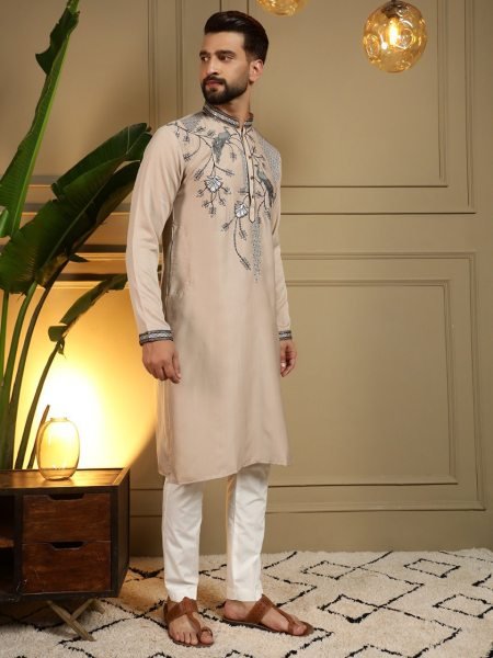Exceptional Cream Men's Viscose Silk Kurta with Semi Cotton Chudidar Set Kurta Pajama Wholesale
