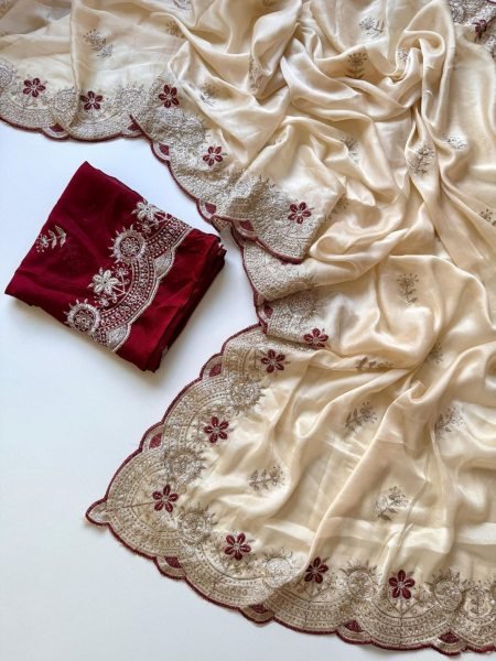 Exceptional Cream Rangoli Fabric Saree with Multi Colour Embroidery Work for Festive Wear Sarees 