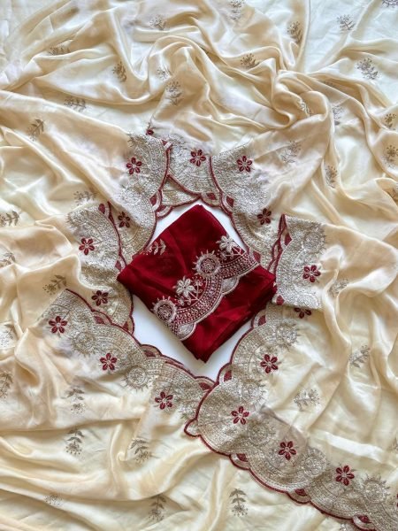 Exceptional Cream Rangoli Fabric Saree with Multi Colour Embroidery Work for Festive Wear Embroidery Sarees Wholesale