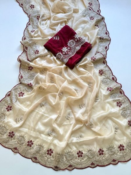 Exceptional Cream Rangoli Fabric Saree with Multi Colour Embroidery Work for Festive Wear Embroidery Sarees Wholesale