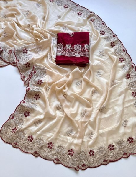 Exceptional Cream Rangoli Fabric Saree with Multi Colour Embroidery Work for Festive Wear Embroidery Sarees Wholesale