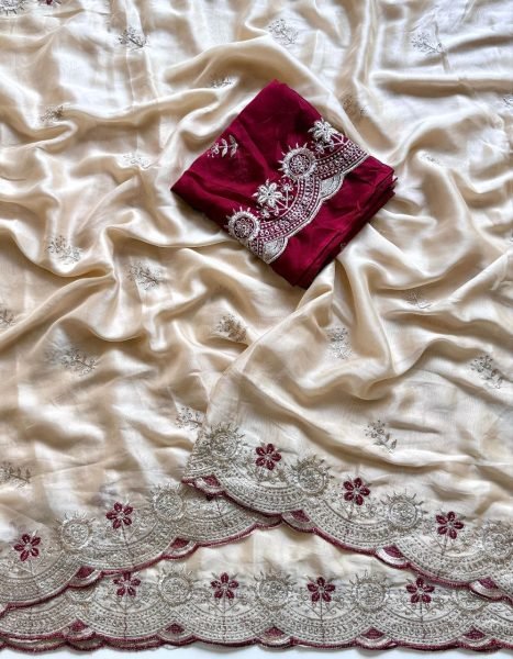 Exceptional Cream Rangoli Fabric Saree with Multi Colour Embroidery Work for Festive Wear Embroidery Sarees Wholesale