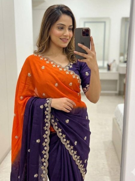 Exceptional Double Shade Chinon Saree with Embroidery Butti and Moti Work 