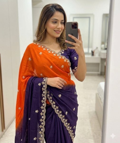 Exceptional Double Shade Chinon Saree with Embroidery Butti and Moti Work Embroidery Sarees Wholesale