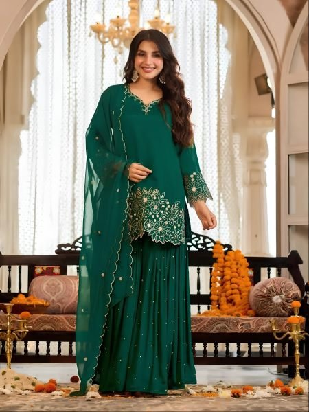 Exceptional Green Designer Heavy Chinon Silk Sharara Set with Embroidery Work for Festival Ready To Wear Suit