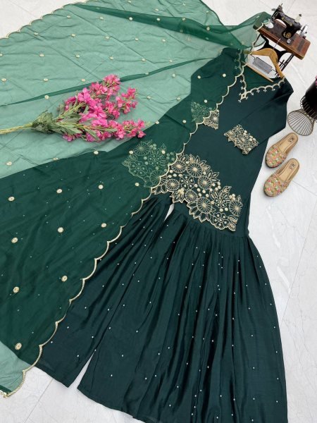 Exceptional Green Designer Heavy Chinon Silk Sharara Set with Embroidery Work for Festival Ready To Wear Collection