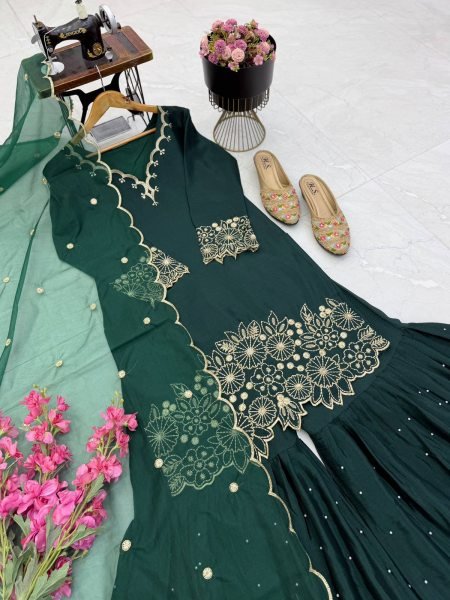 Exceptional Green Designer Heavy Chinon Silk Sharara Set with Embroidery Work for Festival Ready To Wear Collection