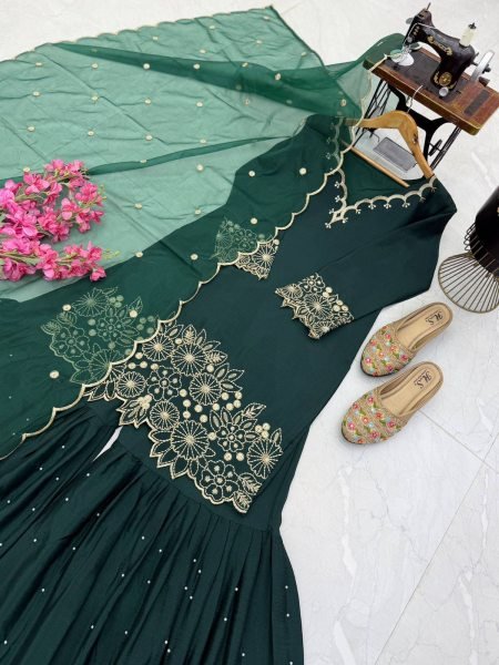 Exceptional Green Designer Heavy Chinon Silk Sharara Set with Embroidery Work for Festival Ready To Wear Collection