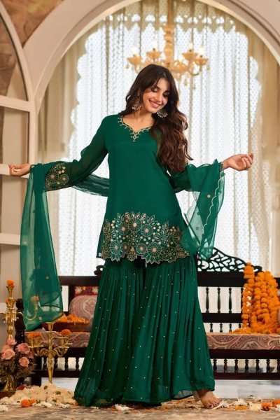 Exceptional Green Designer Heavy Chinon Silk Sharara Set with Embroidery Work for Festival Ready To Wear Collection
