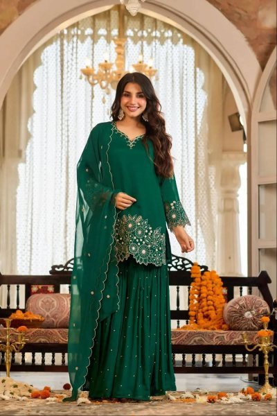 Exceptional Green Designer Heavy Chinon Silk Sharara Set with Embroidery Work for Festival Ready To Wear Collection