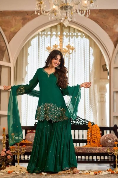 Exceptional Green Designer Heavy Chinon Silk Sharara Set with Embroidery Work for Festival Ready To Wear Collection