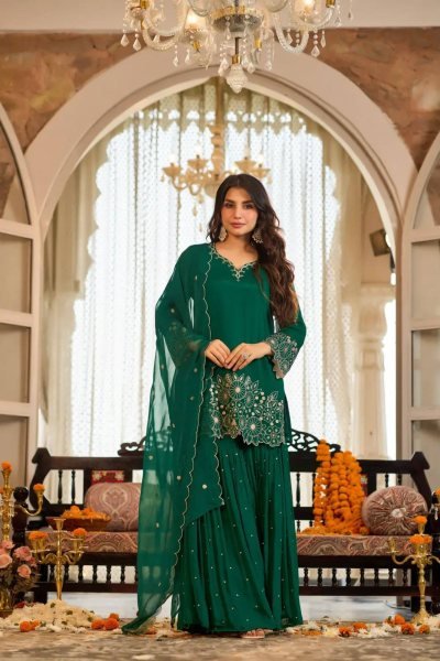 Exceptional Green Designer Heavy Chinon Silk Sharara Set with Embroidery Work for Festival Ready To Wear Collection