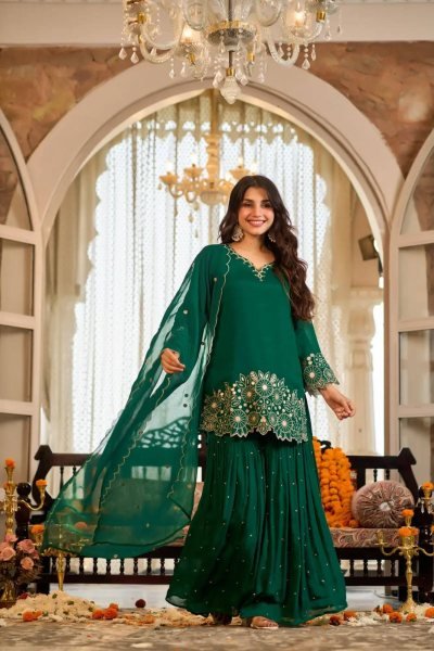 Exceptional Green Designer Heavy Chinon Silk Sharara Set with Embroidery Work for Festival Ready To Wear Collection