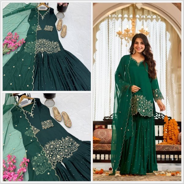 Exceptional Green Designer Heavy Chinon Silk Sharara Set with Embroidery Work for Festival Ready To Wear Collection