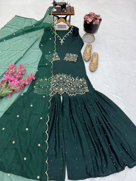 Exceptional Green Designer Heavy Chinon Silk Sharara Set with Embroidery Work for Festival Ready To Wear Collection