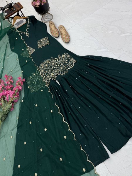 Exceptional Green Designer Heavy Chinon Silk Sharara Set with Embroidery Work for Festival Ready To Wear Collection