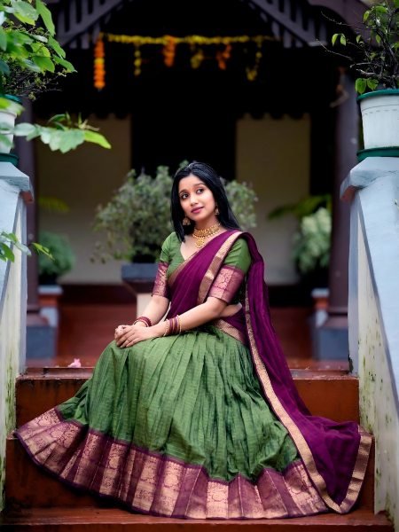 Exceptional Green Dola Chex Lehenga Choli with Zari Weaving and Lace Border Dupatta Half Saree Lehenga