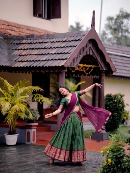 Exceptional Green Dola Chex Lehenga Choli with Zari Weaving and Lace Border Dupatta Half Saree Lehenga