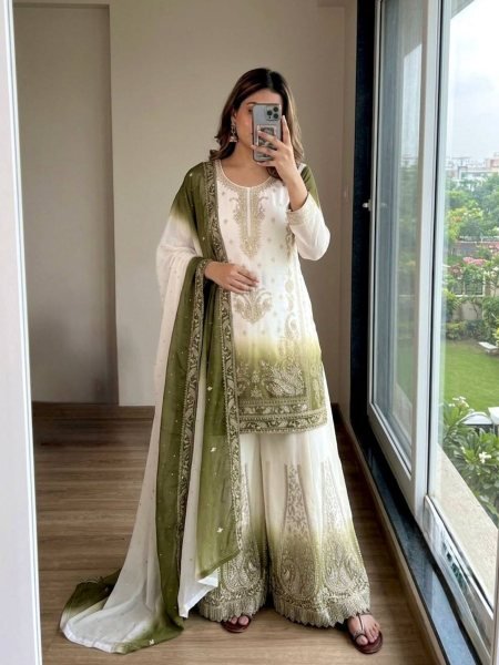 Exceptional Green Georgette Palazzo Suit with Diamond Work For Wedding Wear 