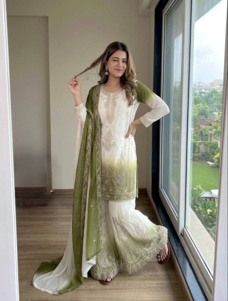 Exceptional Green Georgette Palazzo Suit with Diamond Work For Wedding Wear Ready To Wear Collection