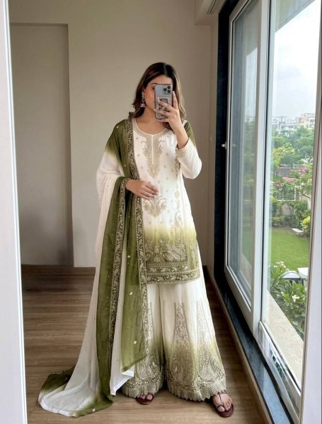 Exceptional Green Georgette Palazzo Suit with Diamond Work For Wedding Wear Ready To Wear Collection