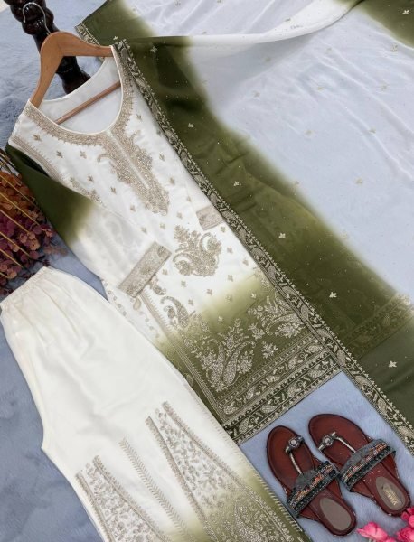 Exceptional Green Georgette Palazzo Suit with Diamond Work For Wedding Wear Ready To Wear Collection