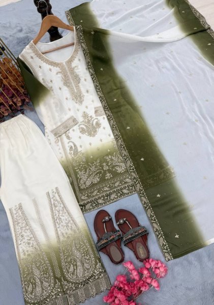 Exceptional Green Georgette Palazzo Suit with Diamond Work For Wedding Wear Ready To Wear Collection