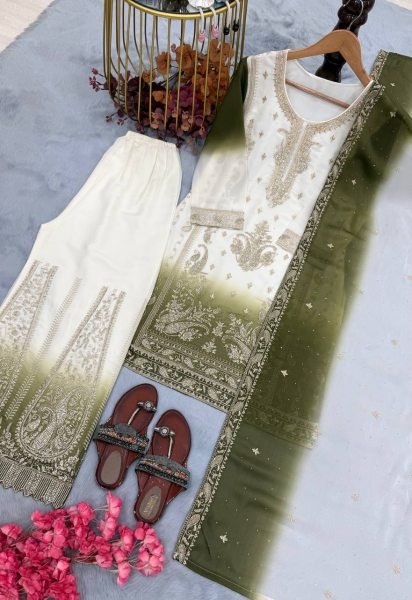 Exceptional Green Georgette Palazzo Suit with Diamond Work For Wedding Wear Ready To Wear Collection
