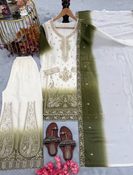 Exceptional Green Georgette Palazzo Suit with Diamond Work For Wedding Wear Ready To Wear Collection