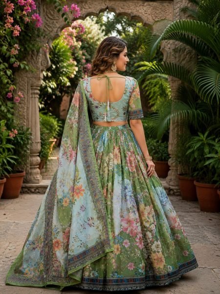 Exceptional Green Tabby Silk Lehenga with Rich Embroidery Work and Designer Dupatta Designer Lehenga Choli