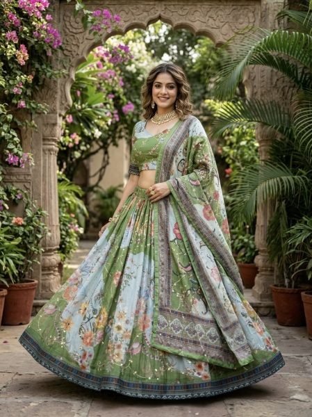Exceptional Green Tabby Silk Lehenga with Rich Embroidery Work and Designer Dupatta Designer Lehenga Choli