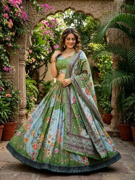 Exceptional Green Tabby Silk Lehenga with Rich Embroidery Work and Designer Dupatta Designer Lehenga Choli