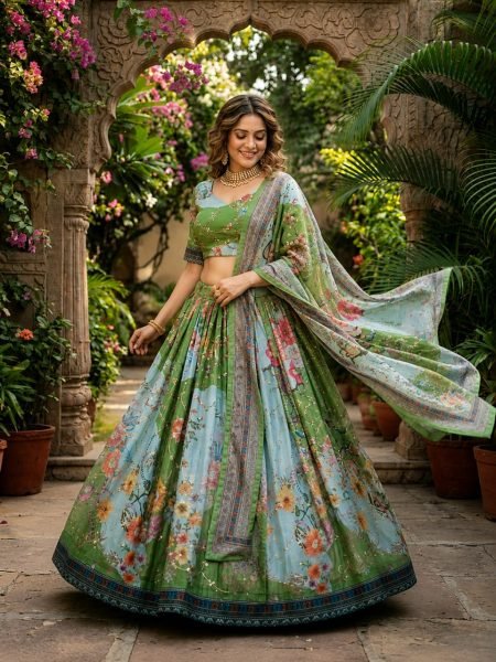 Exceptional Green Tabby Silk Lehenga with Rich Embroidery Work and Designer Dupatta Designer Lehenga Choli