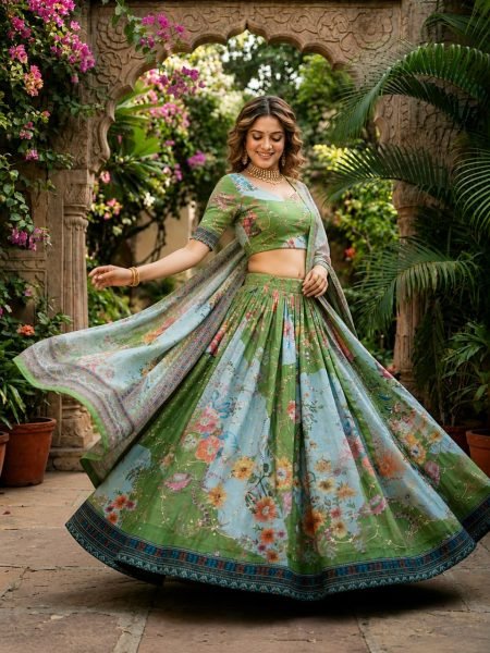 Exceptional Green Tabby Silk Lehenga with Rich Embroidery Work and Designer Dupatta Designer Lehenga Choli