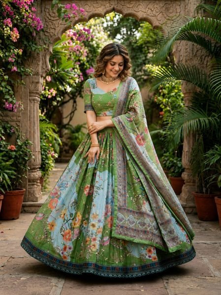 Exceptional Green Tabby Silk Lehenga with Rich Embroidery Work and Designer Dupatta Designer Lehenga Choli