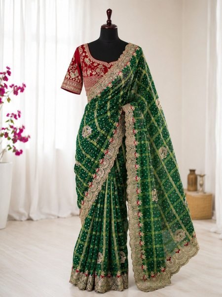 Exceptional Green Women's Panetar Chiffon Saree with Ready Stitched Satin Blouse Sarees 