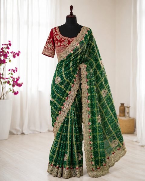 Exceptional Green Women's Panetar Chiffon Saree with Ready Stitched Satin Blouse Designer Wedding Sarees Wholesale