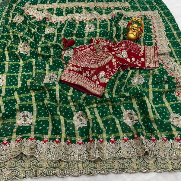 Exceptional Green Women's Panetar Chiffon Saree with Ready Stitched Satin Blouse Designer Wedding Sarees Wholesale