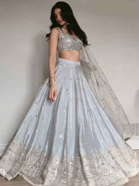 Exceptional Grey Japan Satin Lehenga with Designer Blouse Work for Wedding Wear  Lehenga