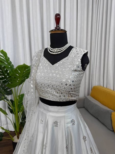 Exceptional Grey Japan Satin Lehenga with Designer Blouse Work for Wedding Wear Bollywood Lehenga Choli