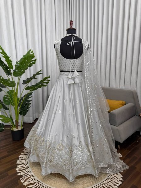 Exceptional Grey Japan Satin Lehenga with Designer Blouse Work for Wedding Wear Bollywood Lehenga Choli