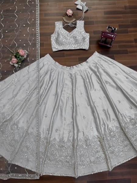 Exceptional Grey Japan Satin Lehenga with Designer Blouse Work for Wedding Wear Bollywood Lehenga Choli