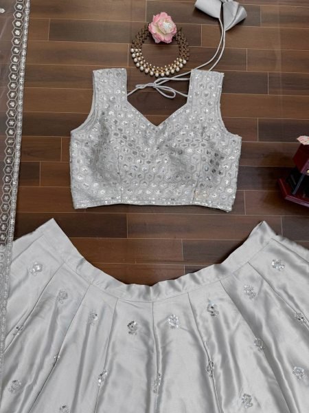 Exceptional Grey Japan Satin Lehenga with Designer Blouse Work for Wedding Wear Bollywood Lehenga Choli