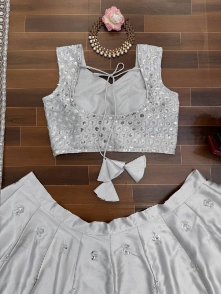 Exceptional Grey Japan Satin Lehenga with Designer Blouse Work for Wedding Wear Bollywood Lehenga Choli